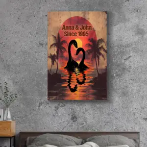 Personalized Nessie Couple Canvas Retro Tropical Sunset Loch Ness Monster Valentine Anniversary Art