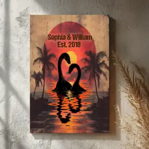Personalized Nessie Couple Canvas Retro Tropical Sunset Loch Ness Monster Valentine Anniversary Art