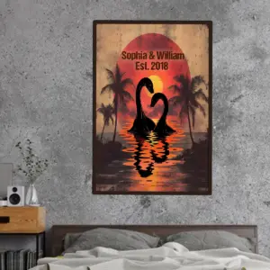 Personalized Nessie Couple Poster Retro Tropical Sunset Loch Ness Monster Valentine Anniversary Gift