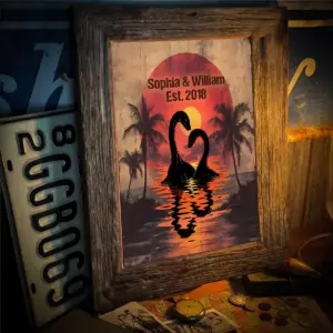 Personalized Nessie Couple Poster Retro Tropical Sunset Loch Ness Monster Valentine Anniversary Gift