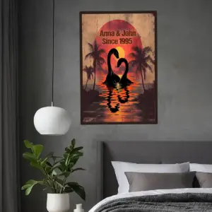 Personalized Nessie Couple Poster Retro Tropical Sunset Loch Ness Monster Valentine Anniversary Gift