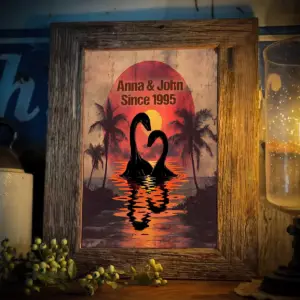 Personalized Nessie Couple Poster Retro Tropical Sunset Loch Ness Monster Valentine Anniversary Gift