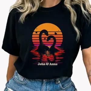 Personalized Nessie Couple Shirt | Retro Sunset Loch Ness Monster Valentine Gift Custom Name 8 Personalized Nessie Couple Shirt Retro Sunset Loch Ness Monster Valentine Gift Custom Name