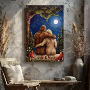 Personalized Van Gogh Bigfoot Couple Canvas Romantic Oil Painting Style Sasquatch Valentine Art