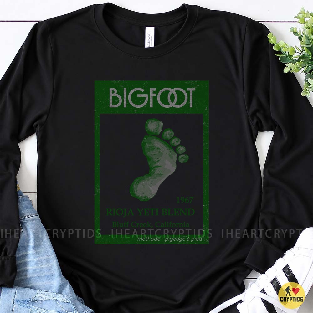 Bigfoot 1967 Rioja Yeti Blend Bluff Creek California Funny Wine Label Cryptid T-Shirt 1 Bigfoot 1967 Rioja Yeti Blend Bluff Creek California Funny Shirt