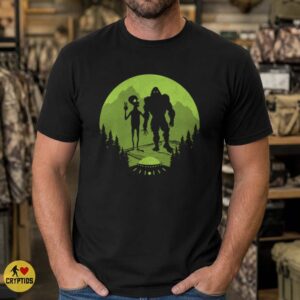 Bigfoot and Alien Best Friends UFO Forest Green Moon Cryptid Shirt