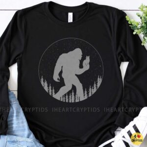 Bigfoot Carrying Cat Starry Night Forest Silhouette Funny Shirt