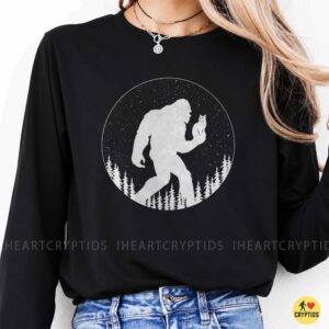 Bigfoot Carrying Cat Starry Night Forest Silhouette Funny Shirt
