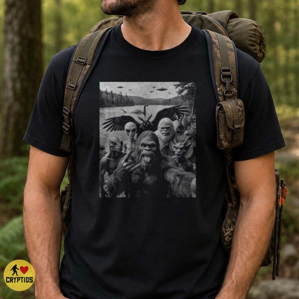 Bigfoot Cryptid Squad Selfie Mothman Alien Loch Ness Monster Funny Vintage T-Shirt 1 Bigfoot Cryptid Squad Selfie Mothman Alien Loch Ness Monster Funny Vintage Shirt