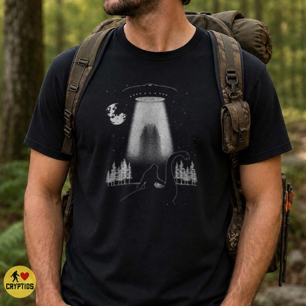 Bigfoot Loch Ness Monster UFO Abduction Alien Beam Night Sky Cryptid T-Shirt 3 Bigfoot Loch Ness Monster UFO Abduction Alien Beam Night Sky Cryptid Shirt