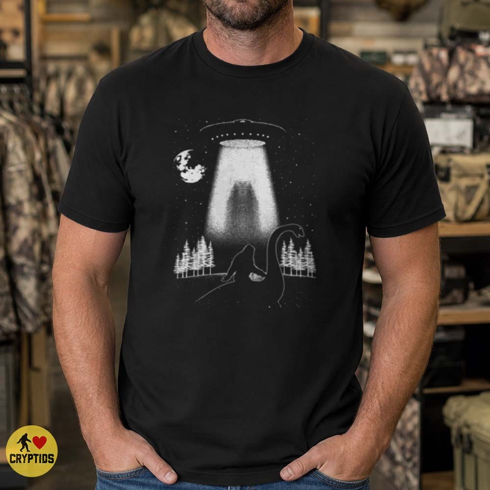 Bigfoot Loch Ness Monster UFO Abduction Alien Beam Night Sky Cryptid T-Shirt 1 Bigfoot Loch Ness Monster UFO Abduction Alien Beam Night Sky Cryptid Shirt