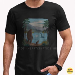 Bigfoot Meets Loch Ness Monster Bruh Funny Cryptid Cat Lake Scene Shirt