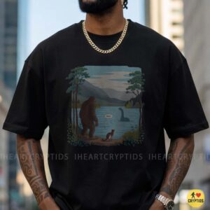 Bigfoot Meets Loch Ness Monster Bruh Funny Cryptid Cat Lake Scene Shirt