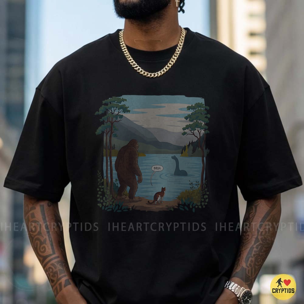 Bigfoot Meets Loch Ness Monster Bruh Funny Cryptid Cat Lake Scene T-Shirt 4 Bigfoot Meets Loch Ness Monster Bruh Funny Cryptid Cat Lake Scene Shirt
