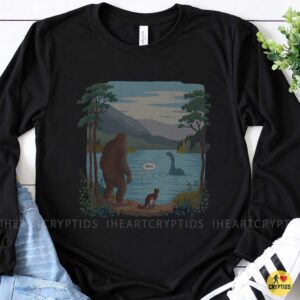 Bigfoot Meets Loch Ness Monster Bruh Funny Cryptid Cat Lake Scene Shirt