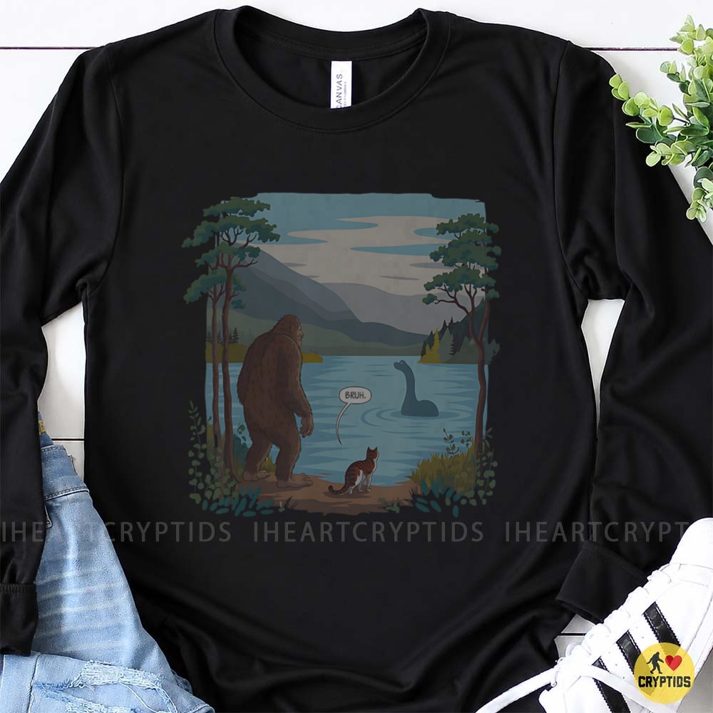 Bigfoot Meets Loch Ness Monster Bruh Funny Cryptid Cat Lake Scene T-Shirt 5 Bigfoot Meets Loch Ness Monster Bruh Funny Cryptid Cat Lake Scene Shirt