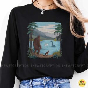 Bigfoot Meets Loch Ness Monster Bruh Funny Cryptid Cat Lake Scene Shirt