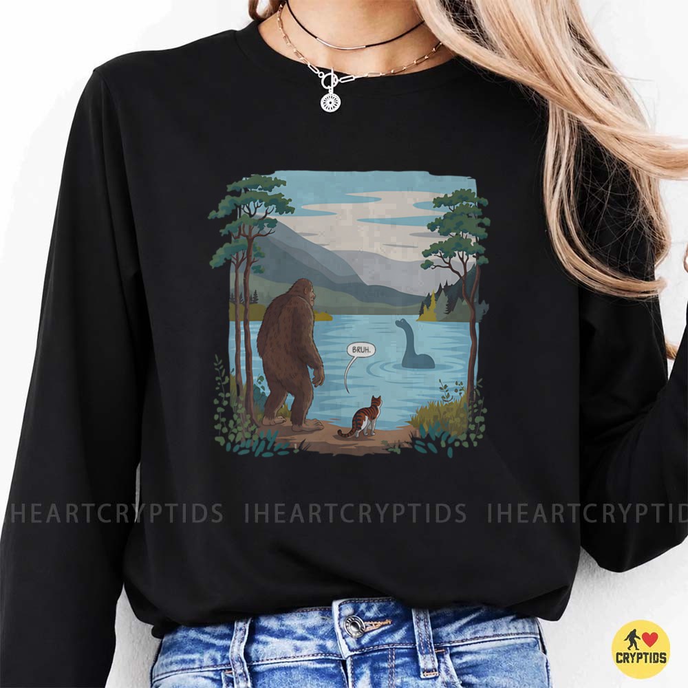 Bigfoot Meets Loch Ness Monster Bruh Funny Cryptid Cat Lake Scene T-Shirt 1 Bigfoot Meets Loch Ness Monster Bruh Funny Cryptid Cat Lake Scene Shirt