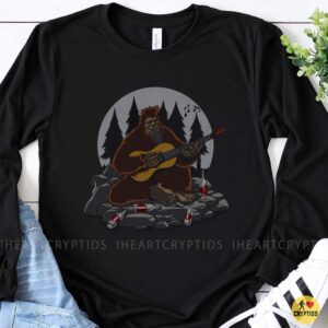 Bigfoot Playing Guitar Drunk Wine Bottles Full Moon Forest Music Shirt