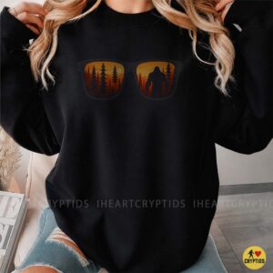 Bigfoot Reflected In Sunglasses Forest Sunset Silhouette Cryptid Believer Outdoors Shirt