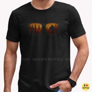 Bigfoot Reflected In Sunglasses Forest Sunset Silhouette Cryptid Believer Outdoors Shirt