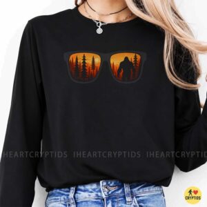 Bigfoot Reflected In Sunglasses Forest Sunset Silhouette Cryptid Believer Outdoors Shirt