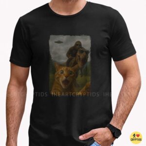 Bigfoot Riding T-Rex Sunglasses Scared Cat UFO Funny Crazy Shirt