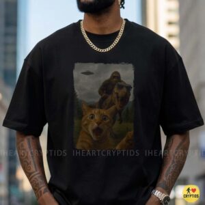 Bigfoot Riding T-Rex Sunglasses Scared Cat UFO Funny Crazy Shirt