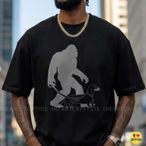 Bigfoot Walking Dachshund On Leash Funny Cryptid Dog Owner Wiener Dog Lover Shirt