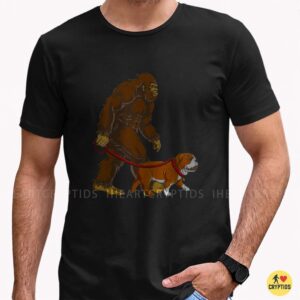 Bigfoot Walking English Bulldog On Leash Funny Shirt