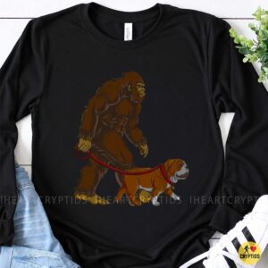Bigfoot Walking English Bulldog On Leash Funny Shirt