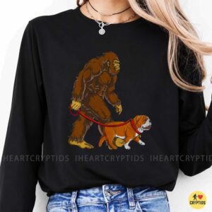 Bigfoot Walking English Bulldog On Leash Funny Shirt