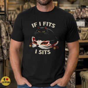 Black Cat If I Fits I Sits Kitsune Fox Mask Funny Shirt