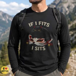 Black Cat If I Fits I Sits Kitsune Fox Mask Funny Shirt