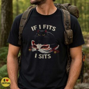 Black Cat If I Fits I Sits Kitsune Fox Mask Funny Shirt