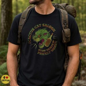 Cactus Cat Cryptid Saloon Stiff Drinks Prickly Women Funny Shirt