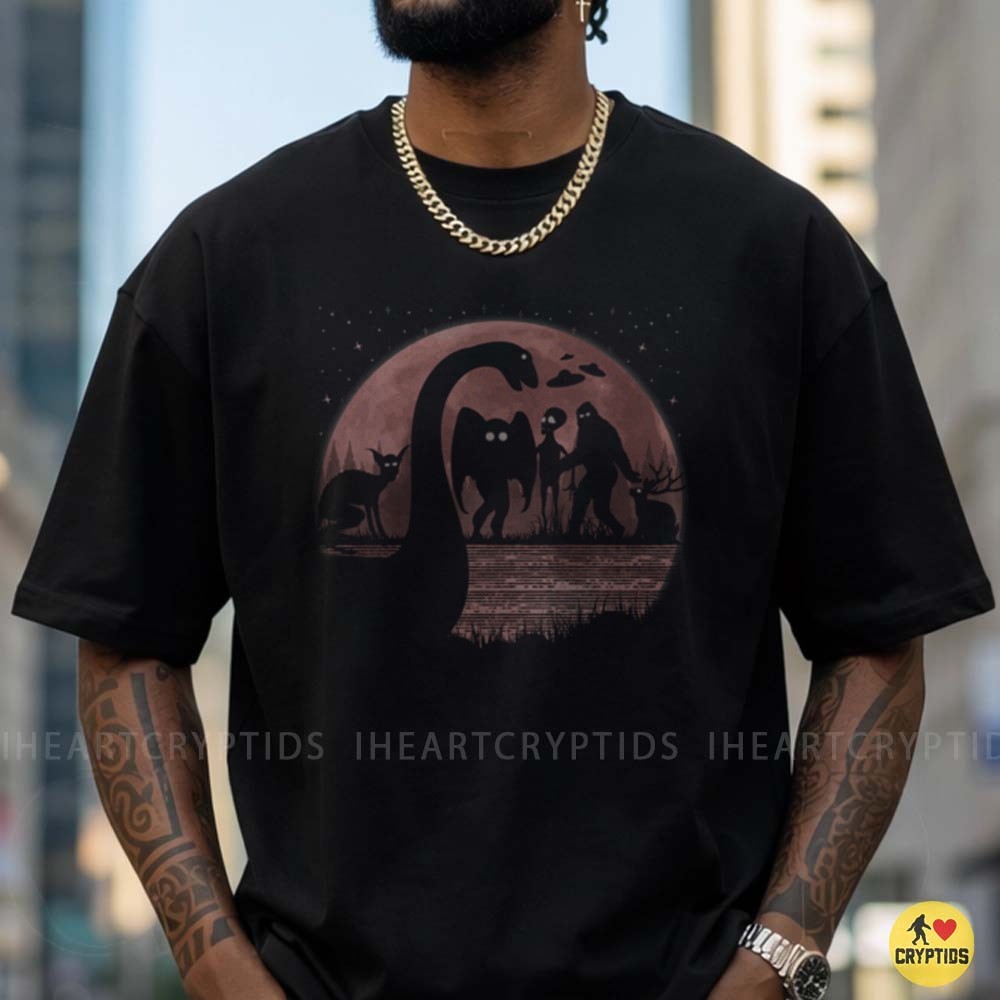 Cryptids Moonlight Bigfoot Mothman Alien Lake Monster Forest T-Shirt 1 Cryptids Moonlight Bigfoot Mothman Alien Lake Monster Forest Shirt
