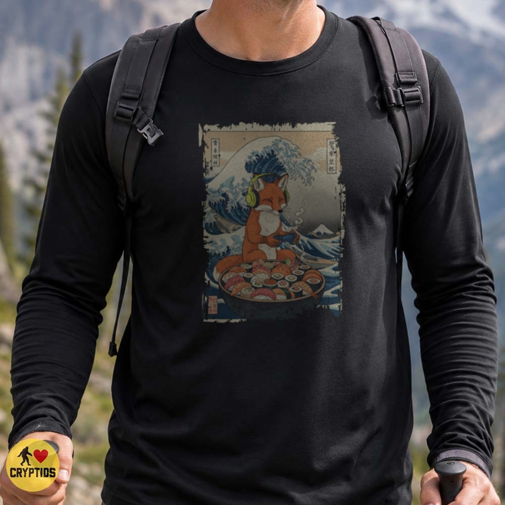 Fox Gamer Sushi Great Wave Hokusai Japanese Woodblock Funny Art T-Shirt 2 Fox Gamer Sushi Great Wave Hokusai Japanese Woodblock Funny Shirt