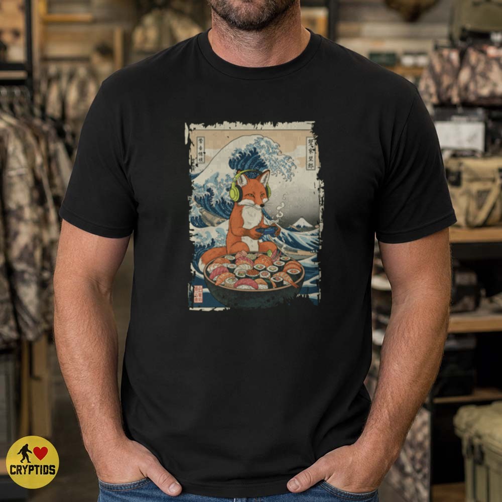 Fox Gamer Sushi Great Wave Hokusai Japanese Woodblock Funny Art T-Shirt 1 Fox Gamer Sushi Great Wave Hokusai Japanese Woodblock Funny Shirt
