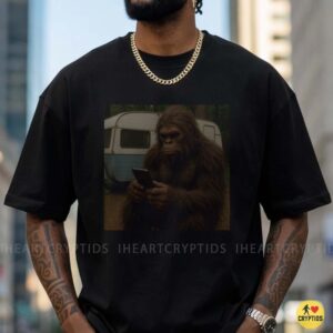 Funny Bigfoot Sasquatch Scrolling Phone Camping Trailer Forest Humorous Shirt