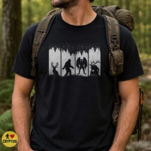 Jackalope Bigfoot Mothman Wendigo Cryptid Silhouette Four Panel Art Shirt