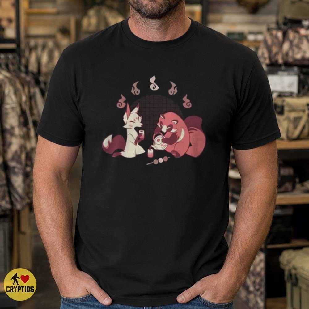 Kitsune Fox and Tanuki Drinking Tea Japanese Folklore Cute T-Shirt 1 Kitsune Fox and Tanuki Drinking Tea Japanese Folklore Cute Shirt