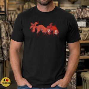 Kitsune Fox Fighting Pair Red Ink Japanese Mythology Dark Art Shirt