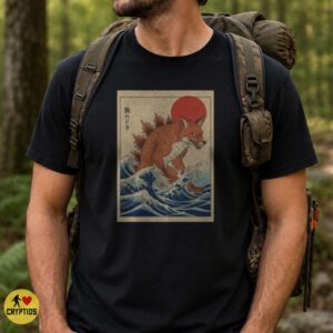 Kitsune Fox Godzilla Great Wave Hokusai Japanese Art Parody Shirt