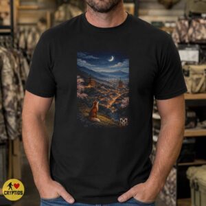 Kitsune Fox Japan Night Pagoda Cherry Blossom Mount Fuji Crescent Moon Shirt