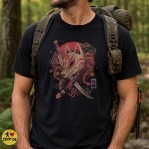 Kitsune Fox Mask Katana Crossed Swords Red Moon Japanese Art Shirt