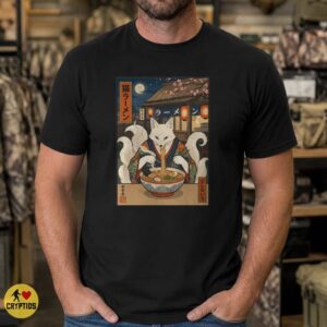 Kitsune Fox Ramen Ukiyo-e Japanese Woodblock Style Yokai Foodie Shirt