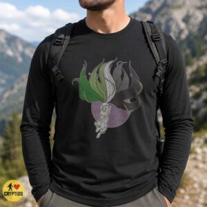Kitsune Nine-Tailed Fox Aromantic Pride Flag Green White Gray Shirt