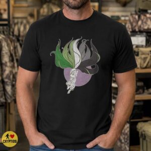 Kitsune Nine-Tailed Fox Aromantic Pride Flag Green White Gray Shirt