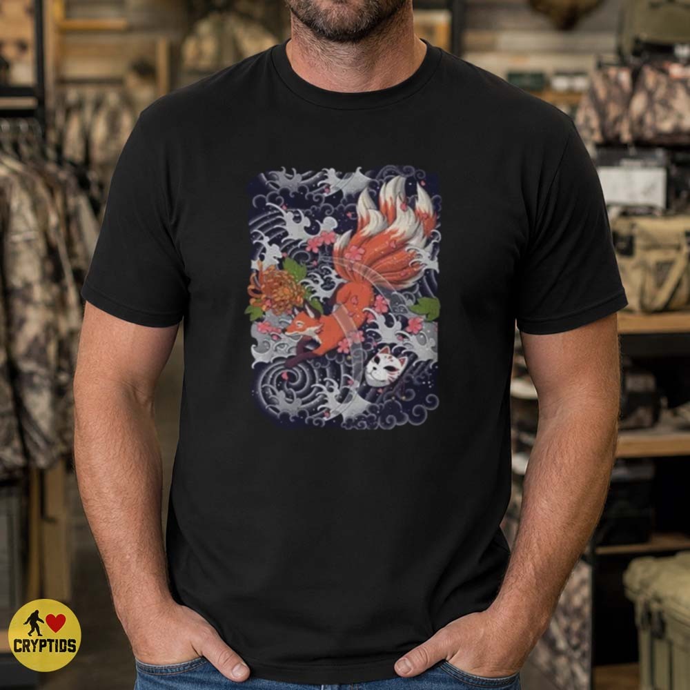 Kitsune Nine Tailed Fox Kitsune Mask Sakura Cherry Blossom Japanese Art T-Shirt 4 Kitsune Nine Tailed Fox Kitsune Mask Sakura Cherry Blossom Japanese Art Shirt